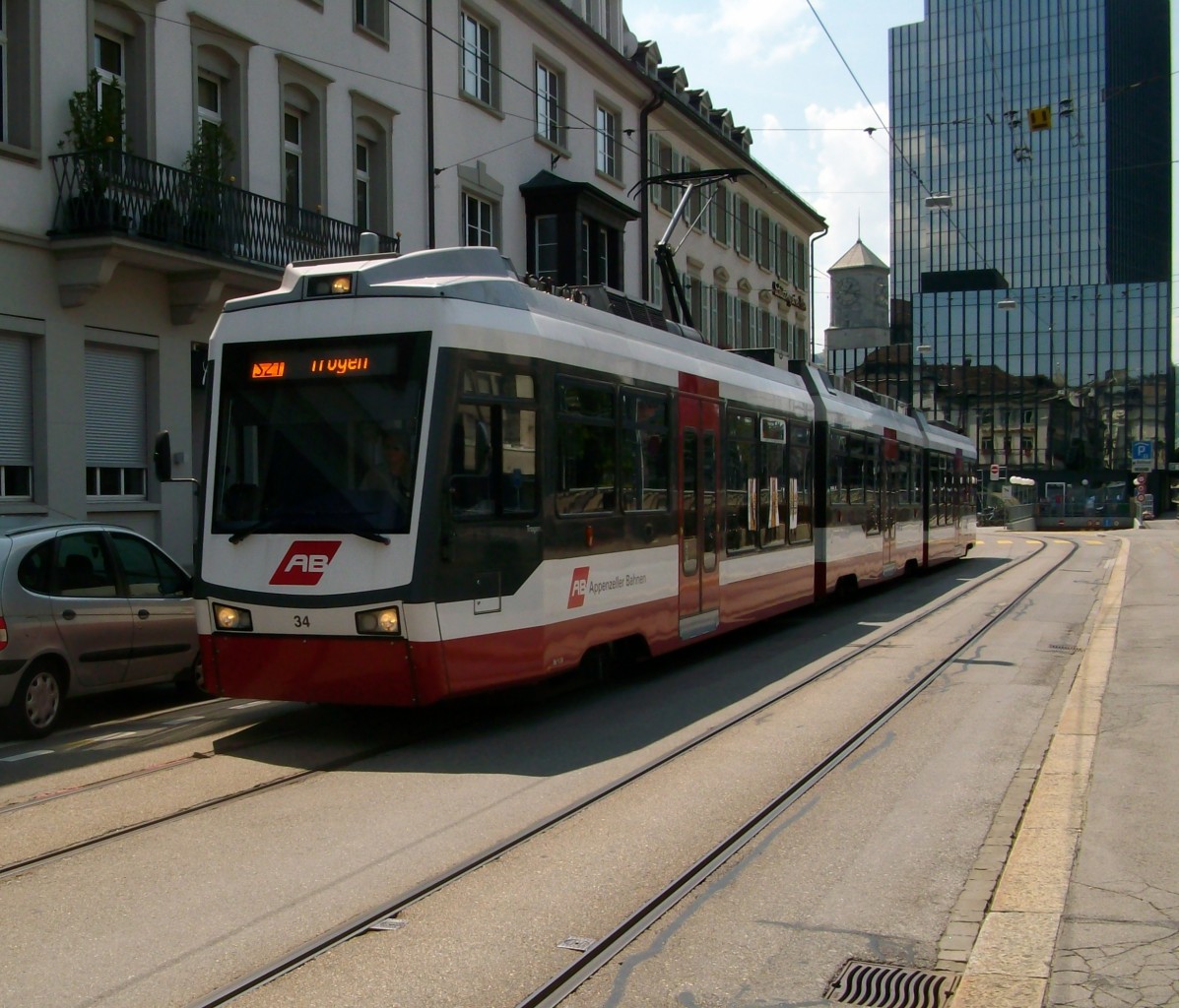 AB Be 4/8 34 als S21 (St. Gallen - Speicher - Trogen) am 25.7.2014 nahe des Bahnhofs St. Gallen.