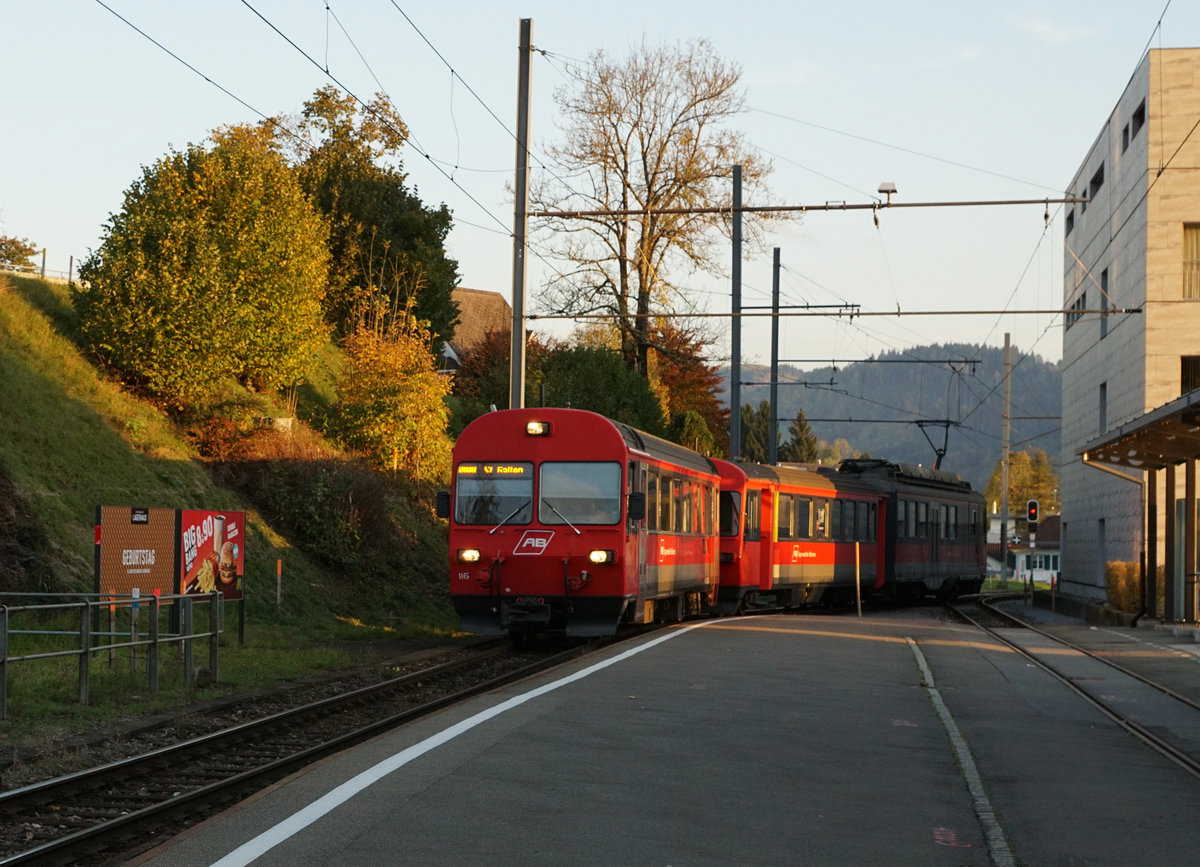 AB: Impressionen von der Appenzeller-Bahn vom 12. Oktober 2017.
Letzte Aufnahme mit hebstlicher Stimmung einer herrlichen Fototour.
Foto: Walter Ruetsch