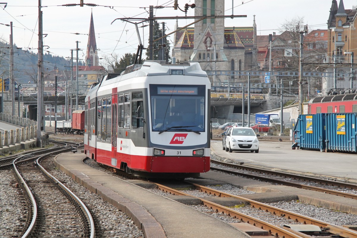 AB Zug nach Trogen/AR im Endbahnhof St.Gallen,wartet auf seinen Einsatz.25.02.14