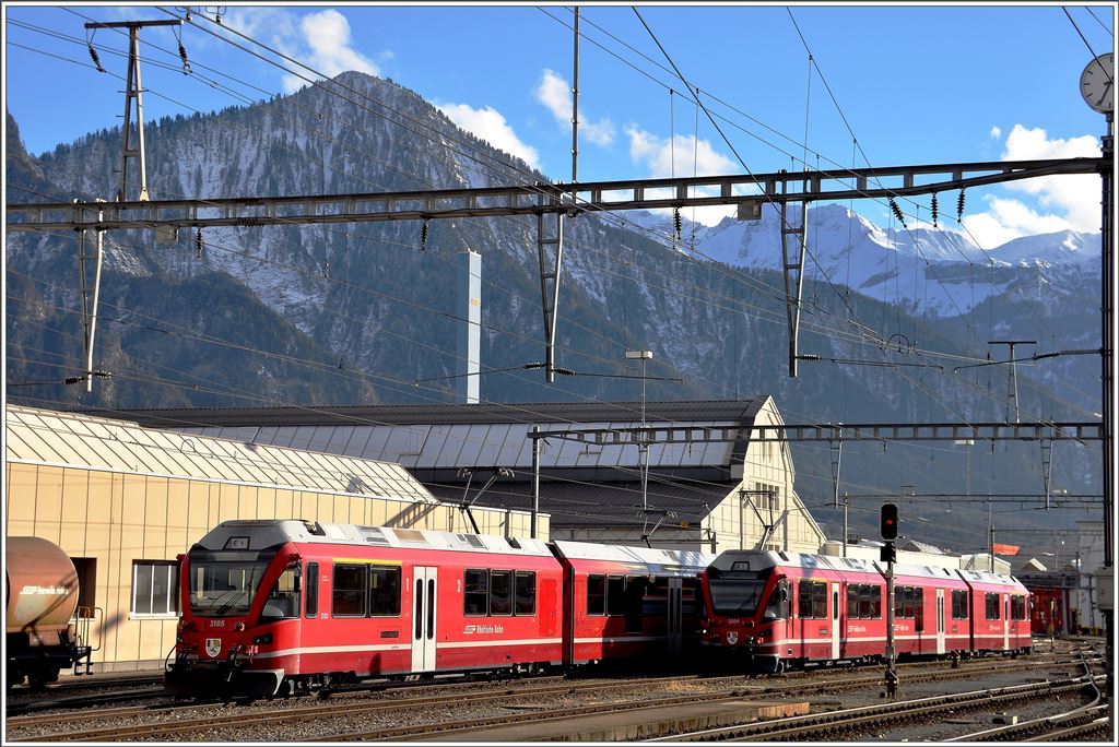 ABe 4/16 3105 und ABe 8/12 3509 in Landquart. (05.01.2016)