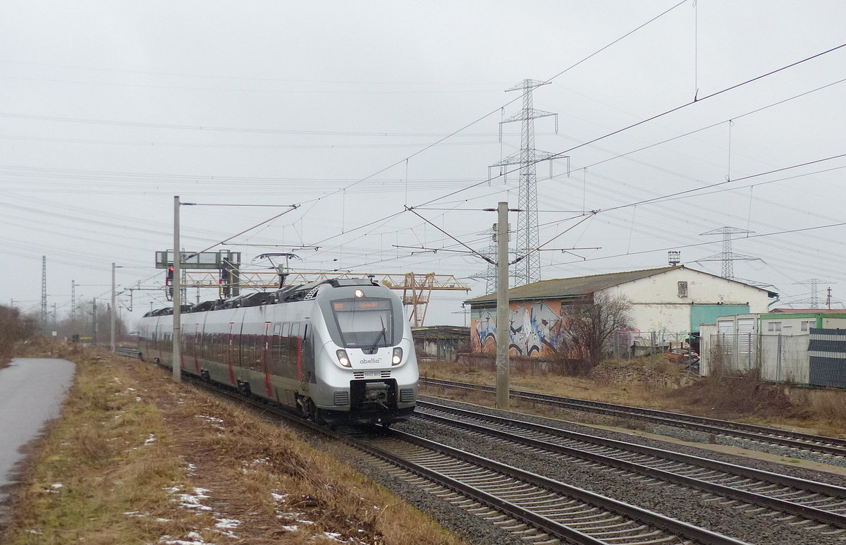 abellio 9442 803 als RB 74625 von Eisenach nach Leipzig Hbf, am 24.01.2021 in Vieselbach.