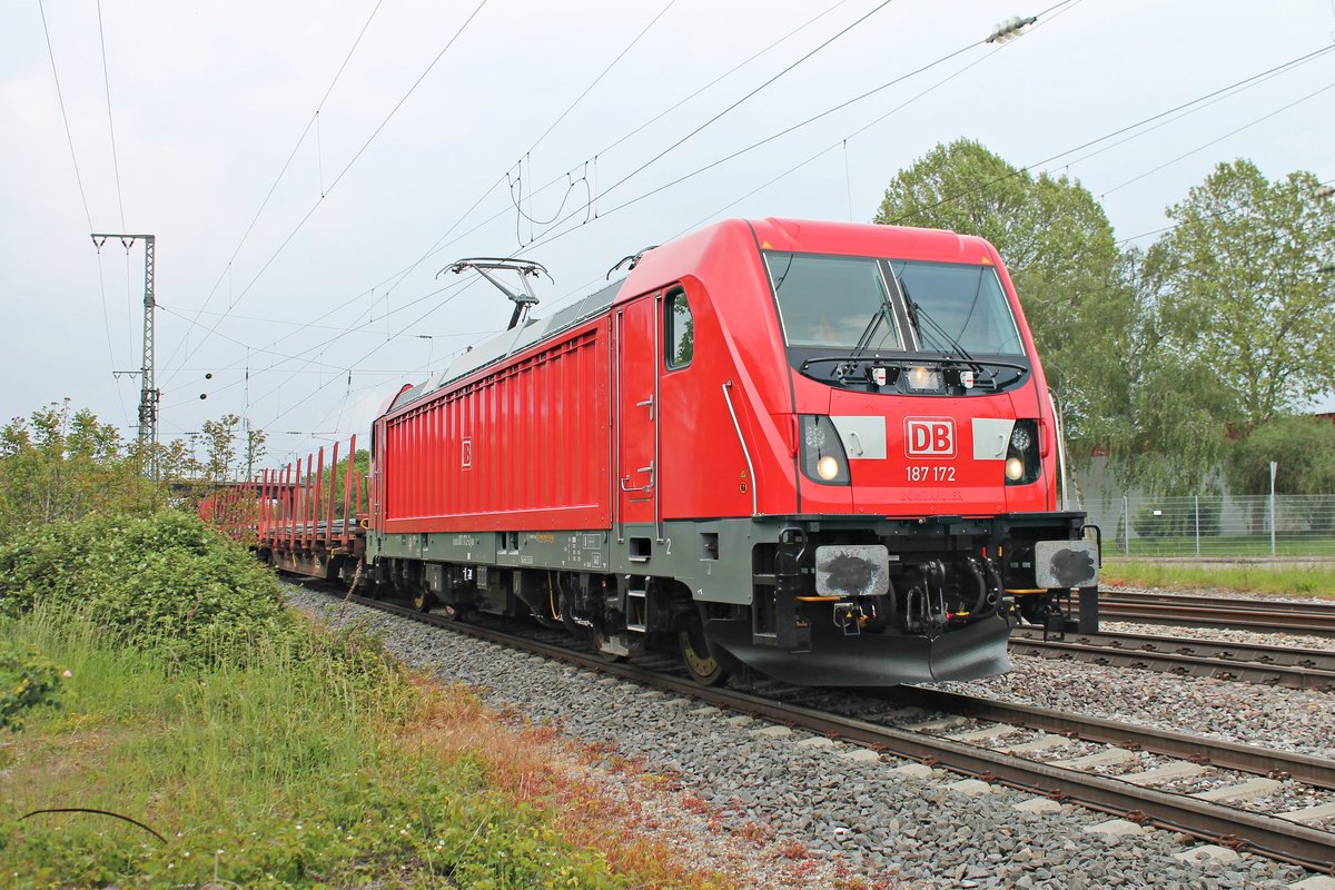 Abfahrt am Nachmittag des 20.05.2019 nach einer Überholung durch ICE´s von 187 172 mit ihrem gemischten Güterzug (Mannheim Rbf - Basel Bad Rbf) vom Überholgleis im Bahnhof Müllheim (Baden) in Richtung Zielbahnhof, welcher sich nur noch wenige Kilometer entfernt befindet.
