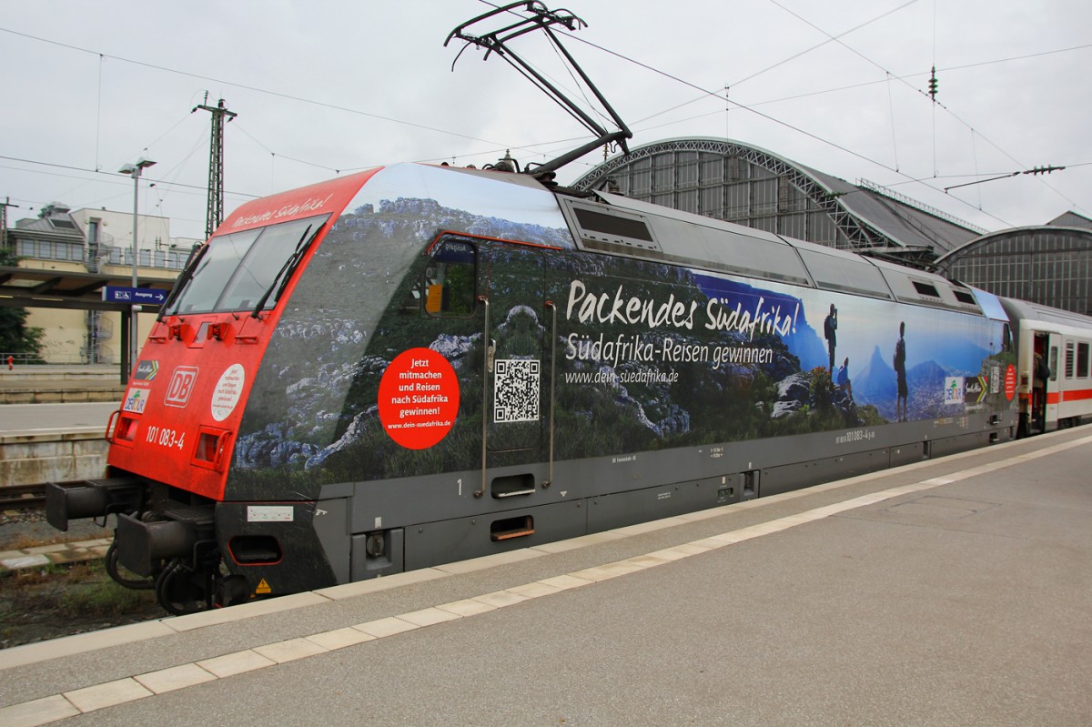 Abfahrtbereit steht 101-083-4 mit Reisefeeling am Gleis 9 in Bremen Hbf nach Hamburg. 19.8.13.