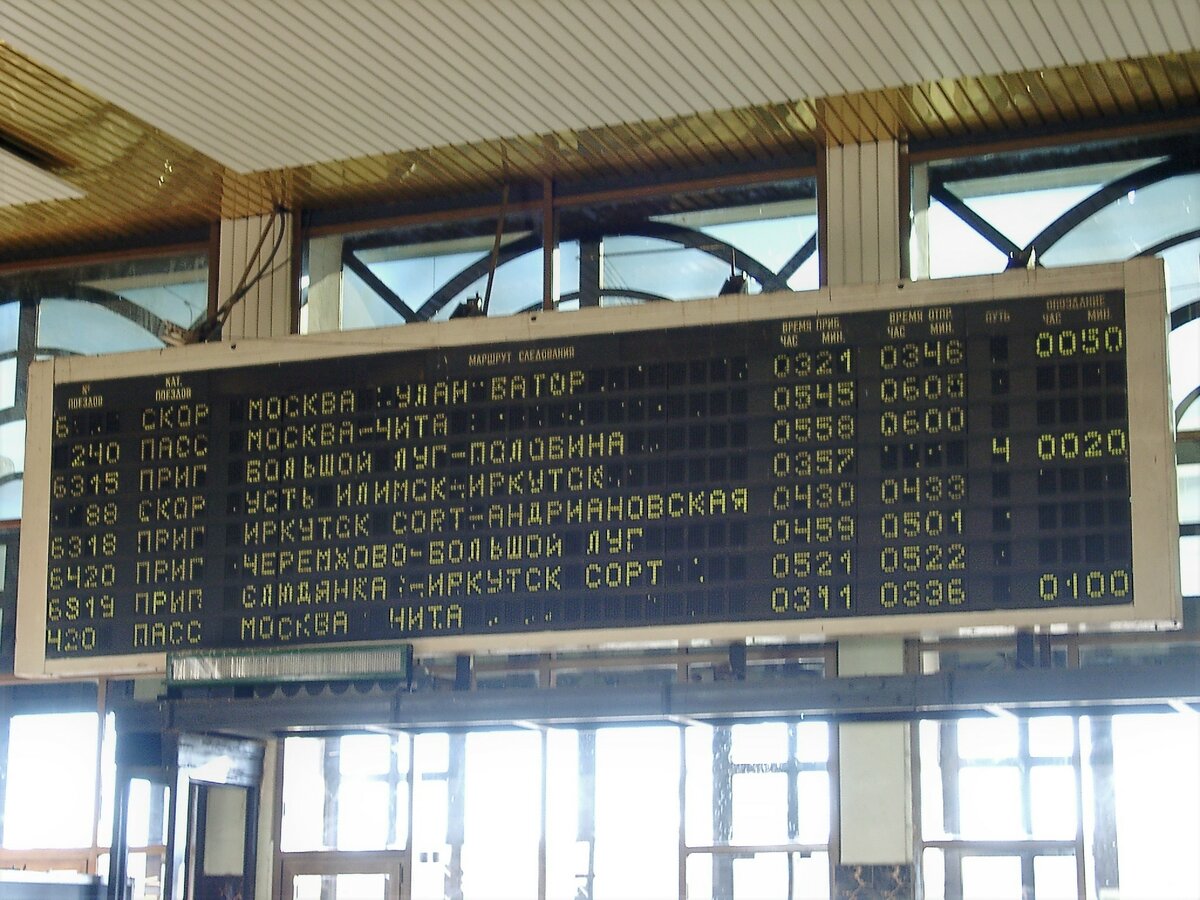 Abfahrtstafel im Bahnhof Irkutsk am 27.8.2001 um 08:14, unsere Weiterfahrt erfolgte mit Zug #6 Moskau - Ulaanbaatar um 08:46. Im gesamten Russland sind sämtliche Fahrplanzeiten immer in Moskauer Zeit angegeben! Da muß mancher Tourist bei 11 Zeitzonen ganz schön rechnen.