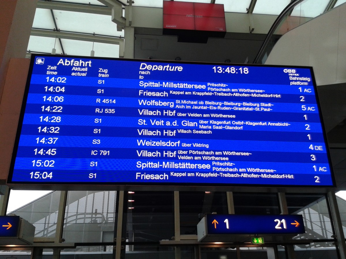 Abfahrtsübersicht in der Eingangshalle des Klagenfurter Hauptbahnhofs, 13.2.2015