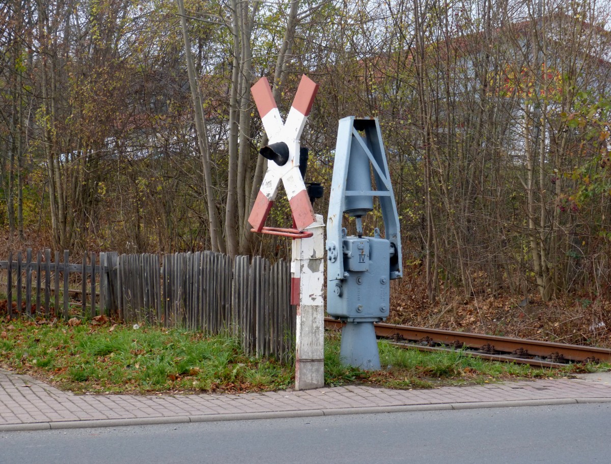 Abgesgte DDR-Halbschranke in Roleben unweit des Bahnhofes 16.11.2013