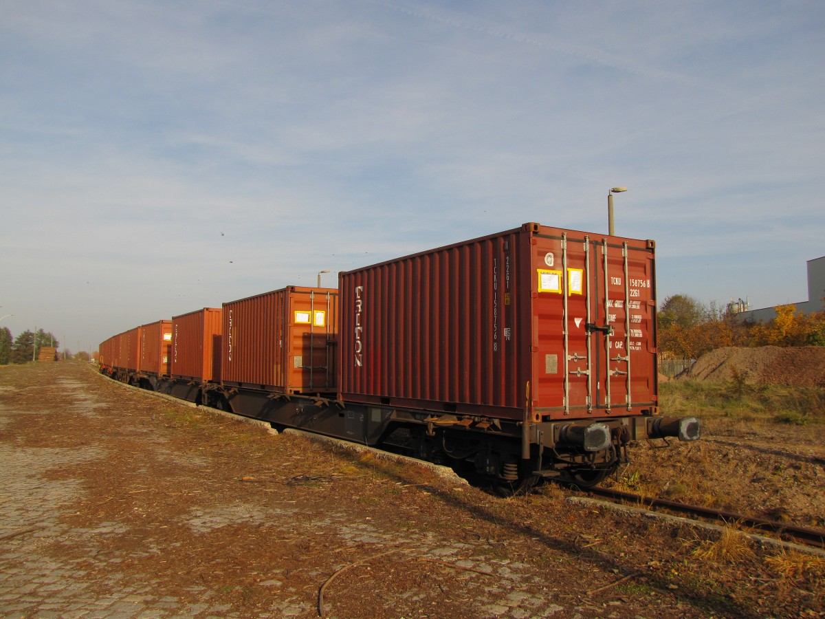 Abgestellte Containertragwagen mit TRITON-Containern und dem Ziel Gera, am 31.10.2015 in Emleben.