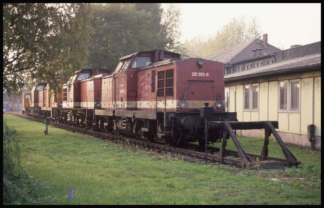 Abgestellte Diesel Lokomotiven am 6.10.1992 im BW Hoyerswerda. Vorne ist 201013 zu sehen.