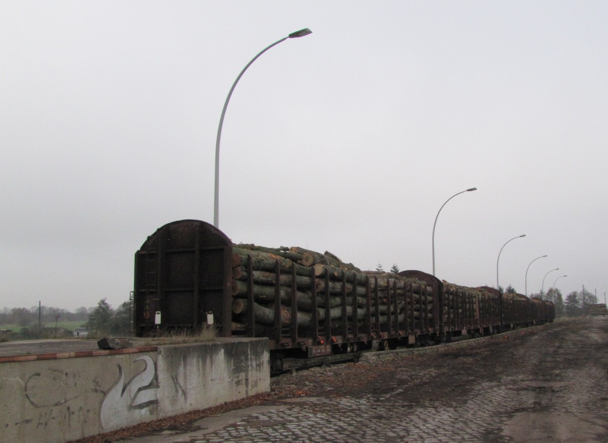 Abgestellte und mit Holz aus dem Thüringer Wald beladene Transportwagen am 15.11.2013 im Bf Emleben.