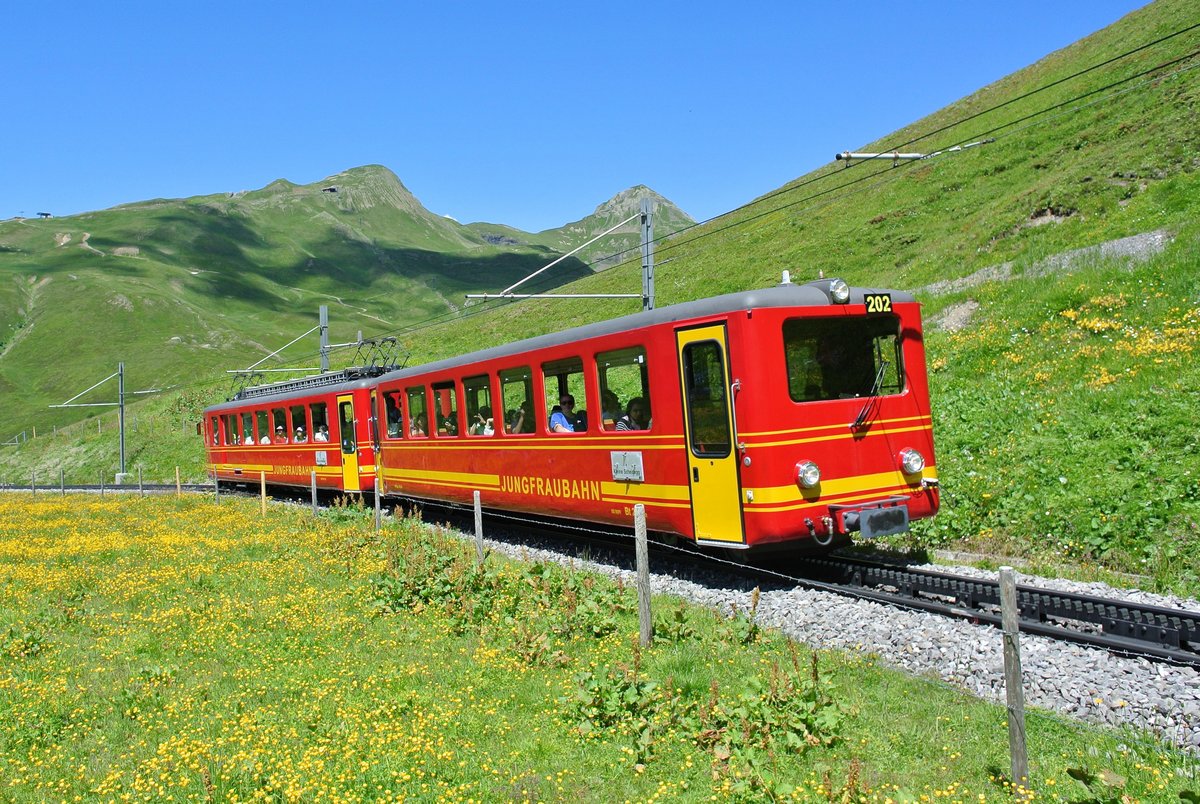 Abschiedsbilder der alten JB BDhe 2/4 im Planeinsatz: BDhe 2/4 Nr. 202 mit Bt 
26 zwischen Kleine Scheidegg und Eigergletscher, 18.07.2016.