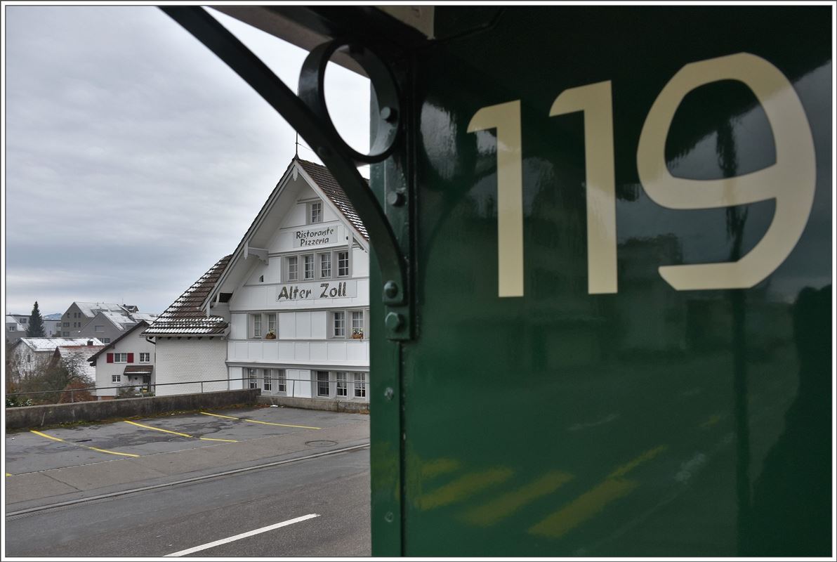 Abschiedsfahrt mit dem  Föfi  (5) über die Ruckhalde nach St.Gallen. B119 Anschrift auf der offenen Plattform. (13.11.2016)