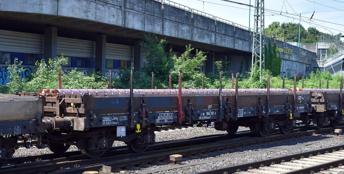 Älterer Drehgestell-Flachwagen der DB Cargo mit der 31 RIV 80 D-DB 3948 107-8 Remms 665 beladen mit massiven runden Metallstücken (Bezeichnung?, Material vielleicht Kupfer?) in einem gemischten Güterzug am 09.07.24 Höhe Bahnhof Hamburg-Harburg.