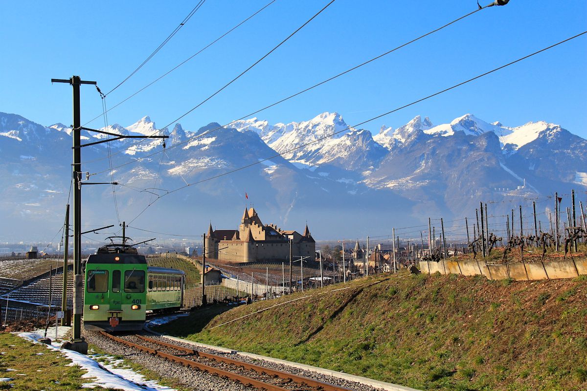Aigle-Le Sépey-Les Diablerets -Bahn oberhalb Aigle, Zug mit Triebwagen 401 und Steuerwagen 431, 25.Januar 2016. 