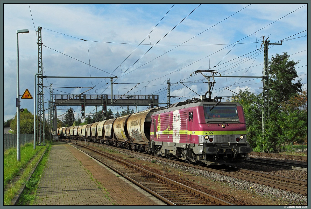 Akiem 37027 ist am 14.10.2014 vor einem Transcereal-Getreidezug im Einsatz. Hier durchfährt der Zug Niederndodeleben.