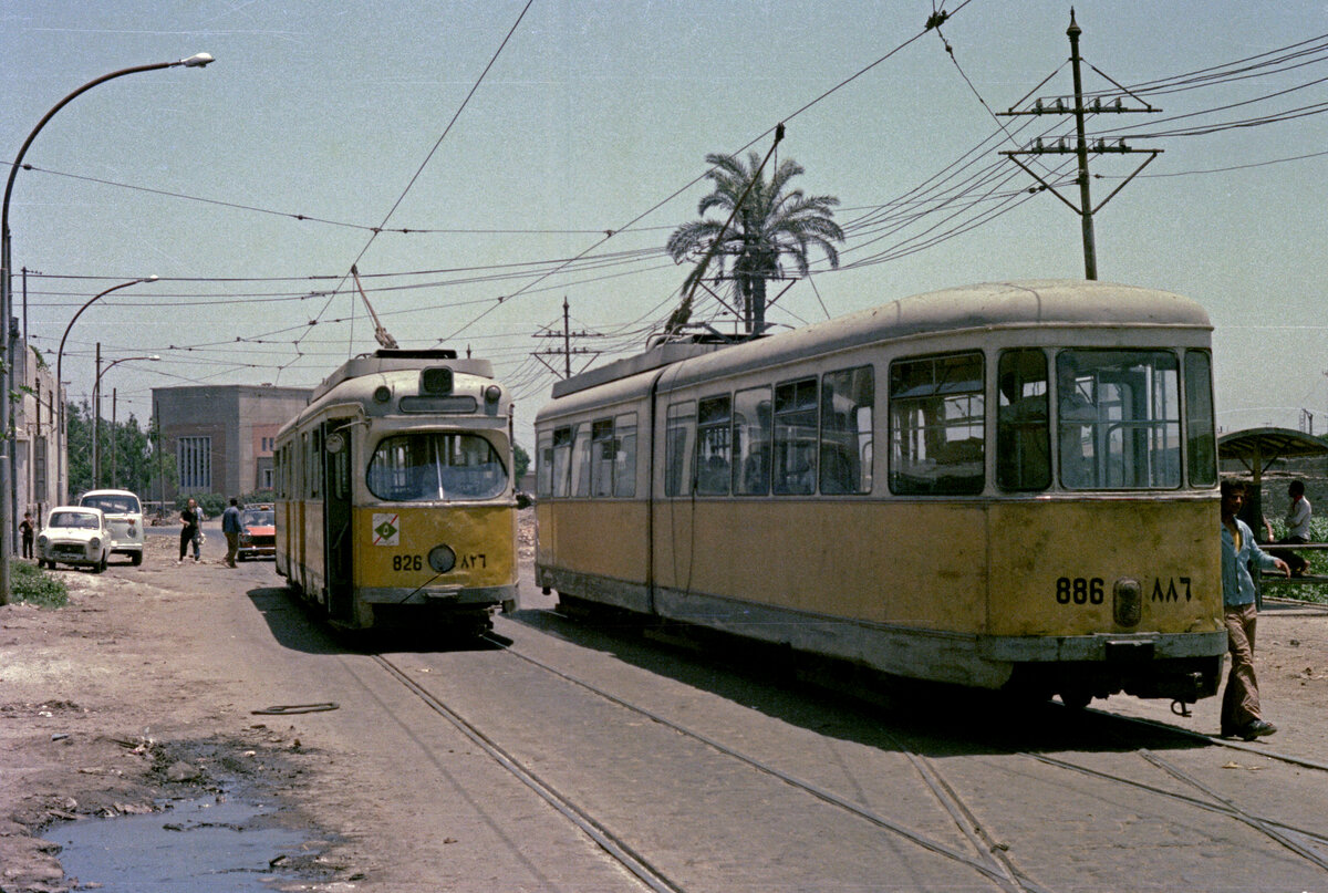 Alexandria SL 5 (DÜWAG/Kiepe-GT6 826 / 886, ex-Københavns Sporveje 826 und 886) Karmus im Juni 1977. - Scan eines Farbnegativs. Film: Kodak Kodacolor II. Kamera: Minolta SRT-101.