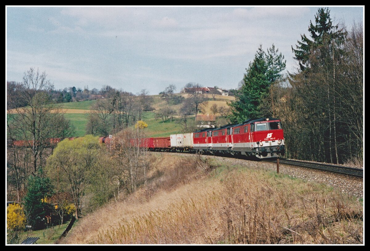Alle schweren Güterzüge auf der steirischen Ostbahn benötigten wegen der Steigung über die Laßnitzhöhe drei Lokomotiven. Im Bild ist G45615 bespannt mit 2143 065 + 2143 058 + 2143 025 kurz vor Laßnitzhöhe zu sehen. Das Foto habe ich am 26.03.2002 geschossen.