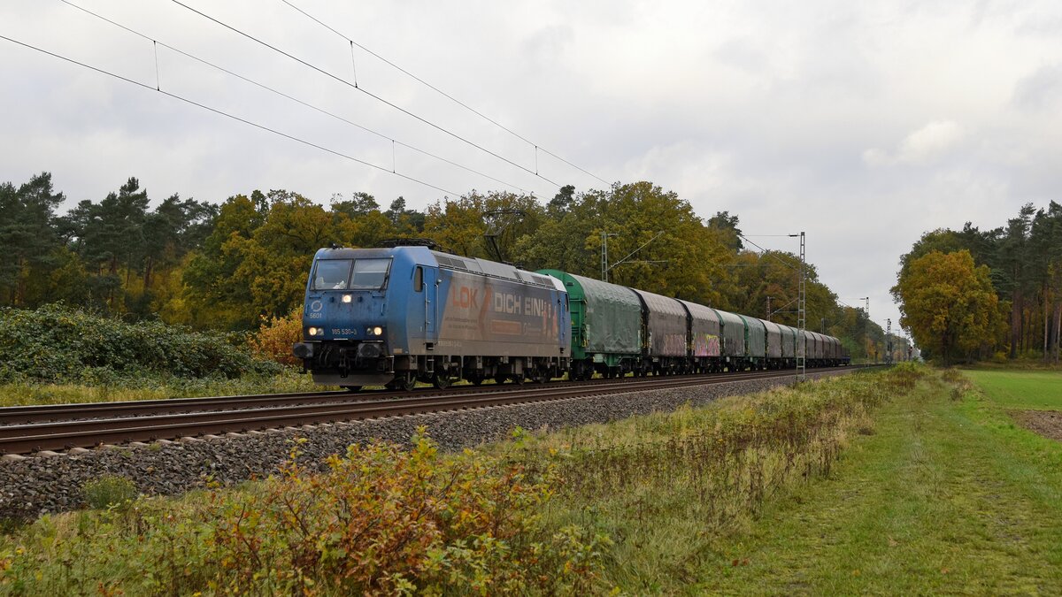 Alpha Trains Belgium 185 530-3  LOK DICH EIN! , vermietet an VPS, mit Schiebeplanenwagen und einem Rungenwagen in Richtung Hannover (Rohrsen, 08.11.2023).