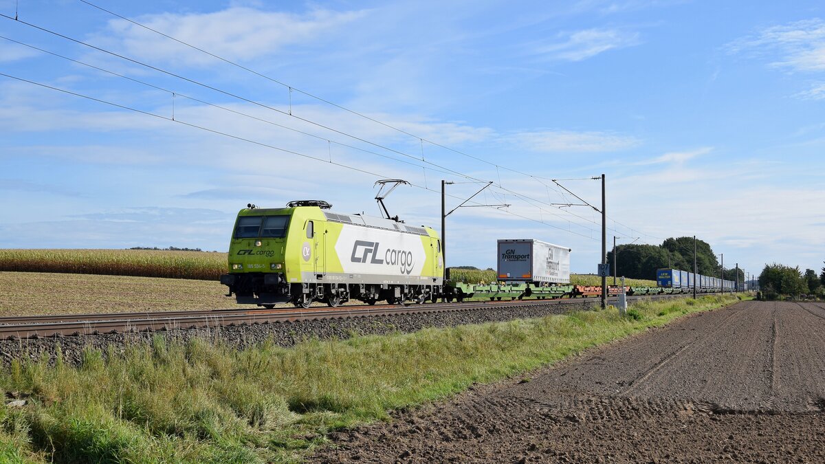 Alpha Trains Belgium 185 534, vermietet an CFL Cargo Deutschland, mit KLV-Zug in Richtung Osnabrück (bei Melle, 01.10.2021).
