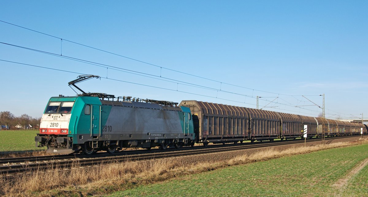 Alpha Trains Belgium 186 202, vermietet an COBRA (2810), mit Volvo-Logistikzug nach Gent (Marl, NI, 06.01.17).