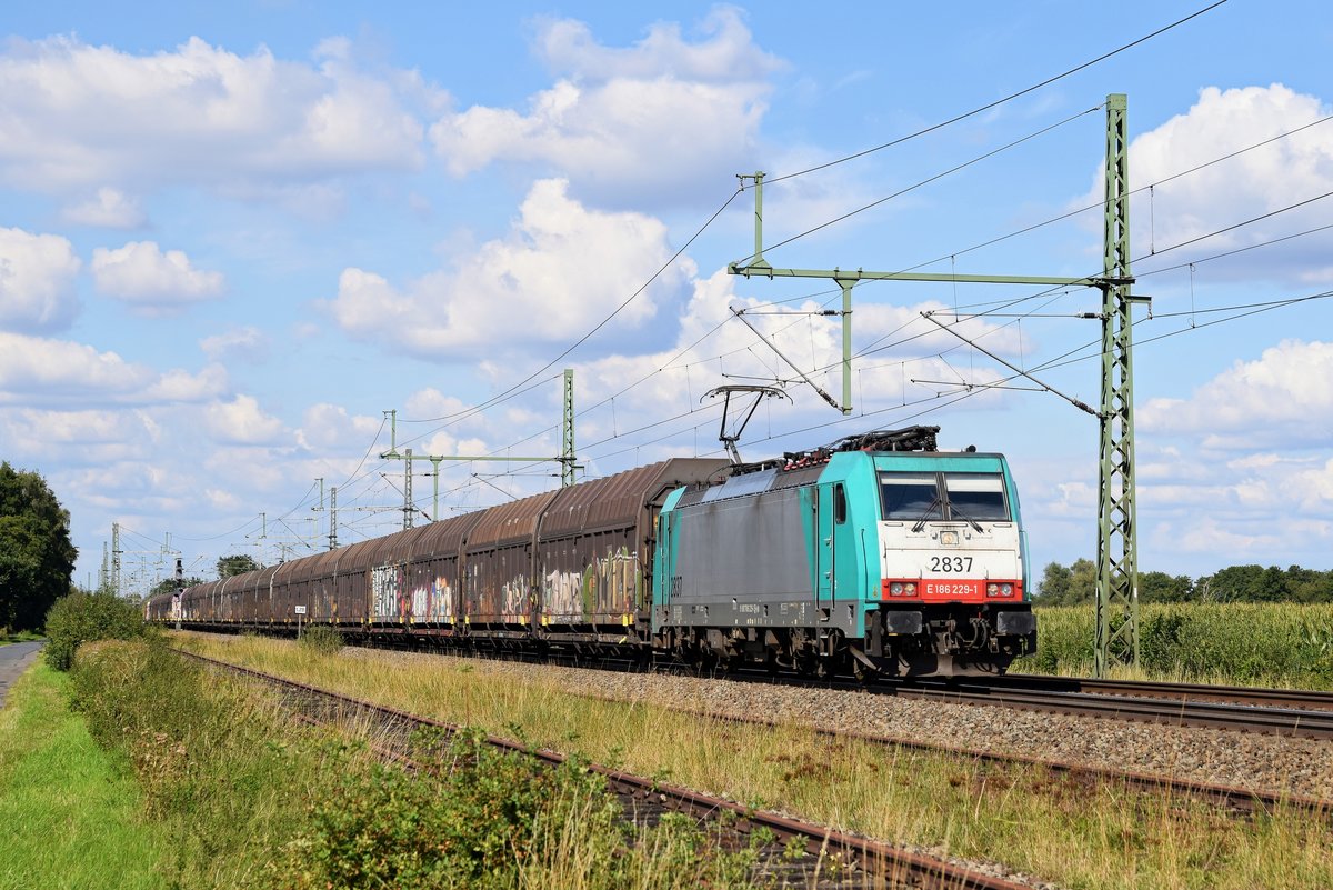Alpha Trains Belgium E 186 229, vermietet an Lineas (2837), mit Volvo-Logistikzug DGS 46257 Hallsberg RB - Gent Zeehaven (bei Diepholz, 02.09.2020).