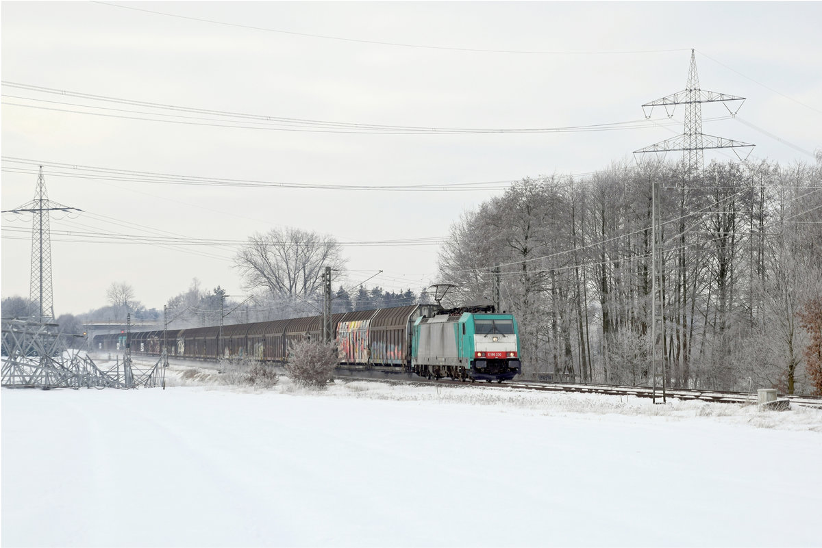 Alpha Trains Belgium E 186 230, vermietet an Lineas, mit Volvo-Logistikzug DGS 46256 Gent Zeehaven - Hallsberg RB (Marl, NI, 12.02.2021).