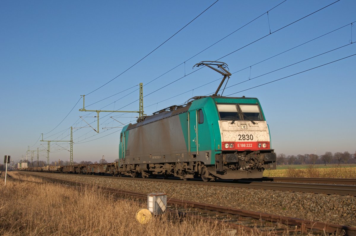 Alpha Trains Belgium E 186 222, vermietet an COBRA (2830), mit schwach ausgelastetem Volvo-Logistikzug nach Gent (Diepholz, 06.12.16).