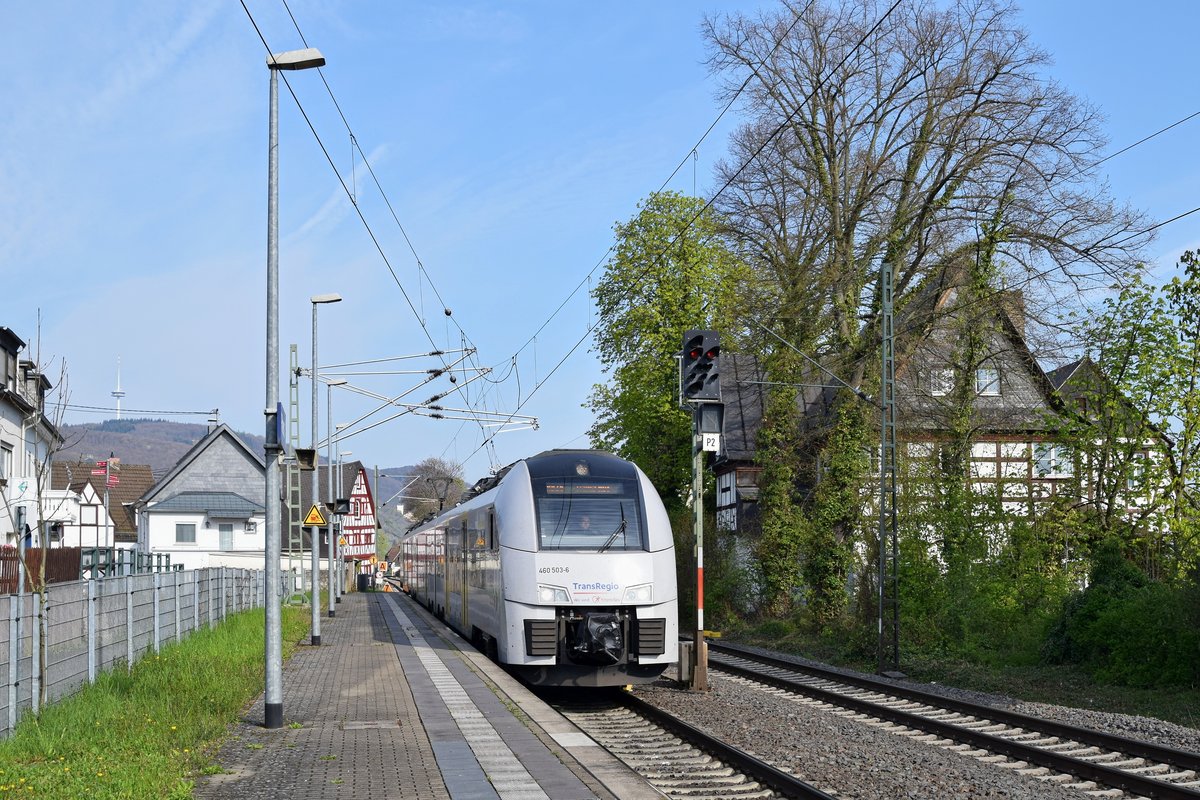 Alpha Trains Europa 460 003/503, vermietet an Transregio, als RB 26 (25415)  Mittelrheinbahn  K�ln Hbf - Mainz Hbf (Rhens, 15.04.19).