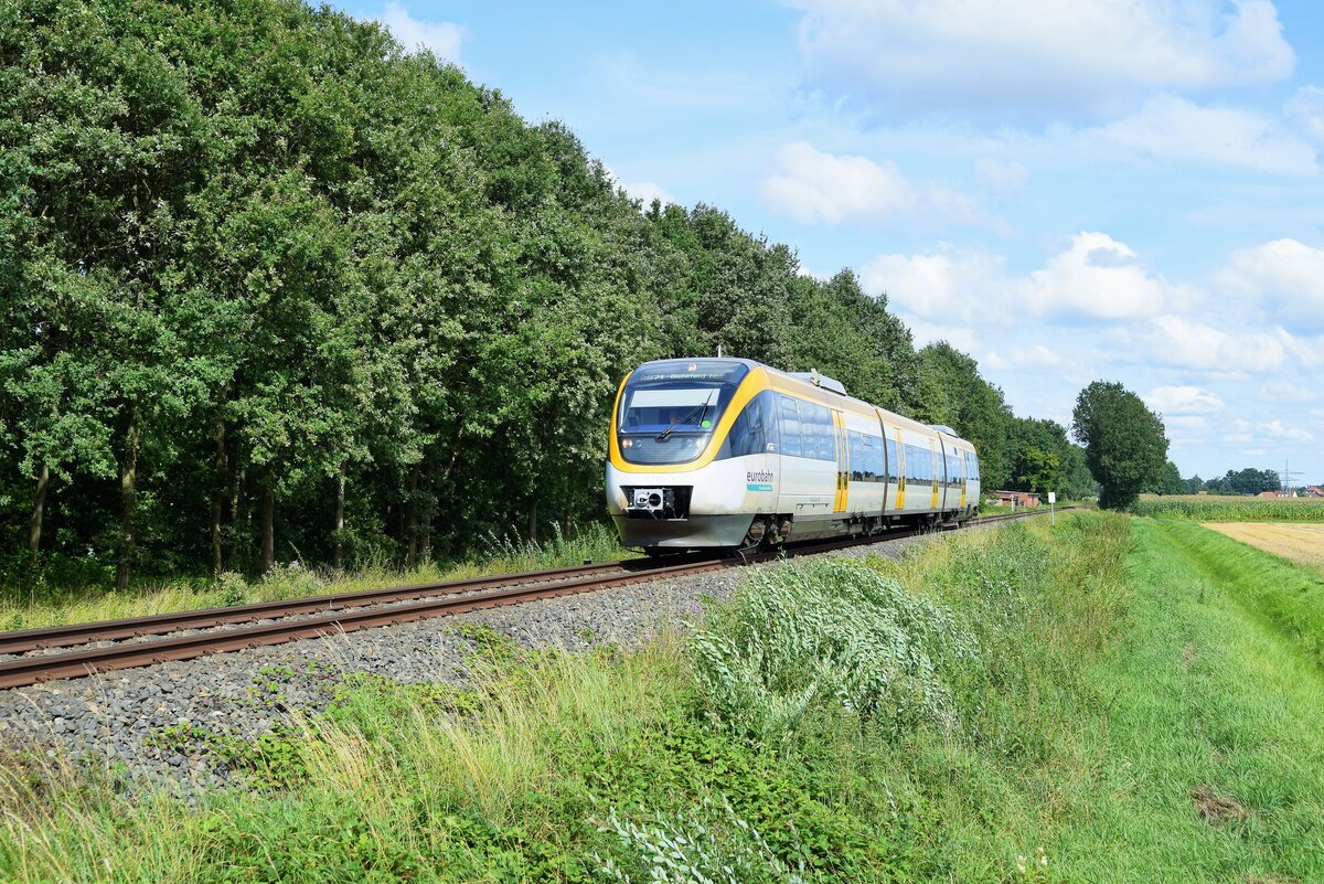 Alpha Trains Europa 643 125/625, vermietet an Keolis Deutschland/Eurobahn (VT 3.02), als RB 71 (89647)  Ravensberger Bahn  Rahden - Bielefeld Hbf (Espelkamp, 24.08.2021).