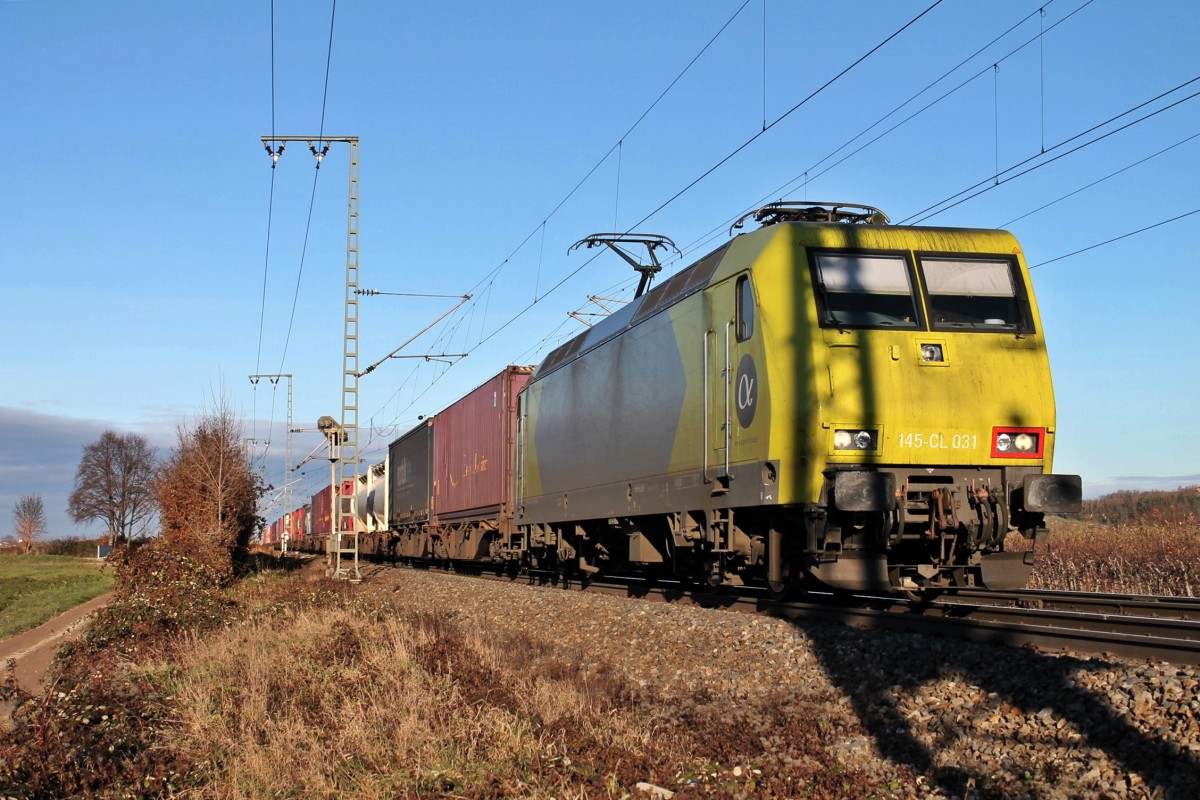 Alpha Trains/Crossrail 145-CL 031 am 07.12.2013 mit einem Containerzug in Müllheim (Baden) gen Basel.