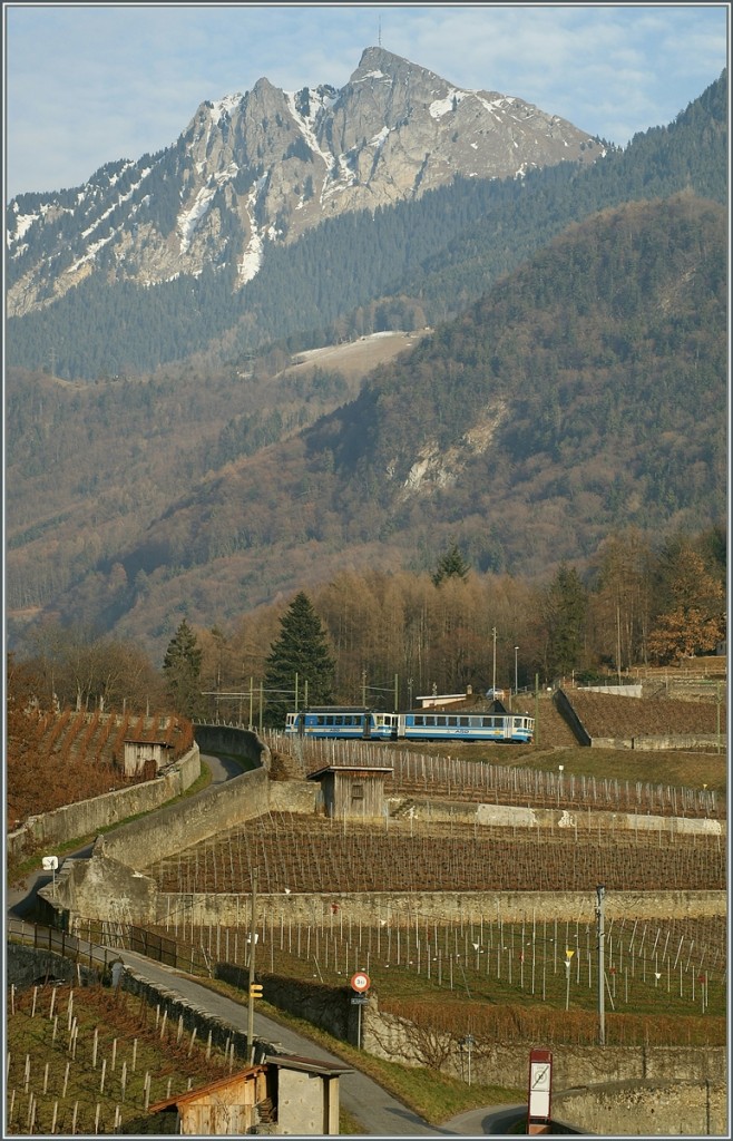 Als die ASD noch blau war - ein ASD Regionalzug oberhalb von Aigle in den Weinreben. 
4. Feb. 2011