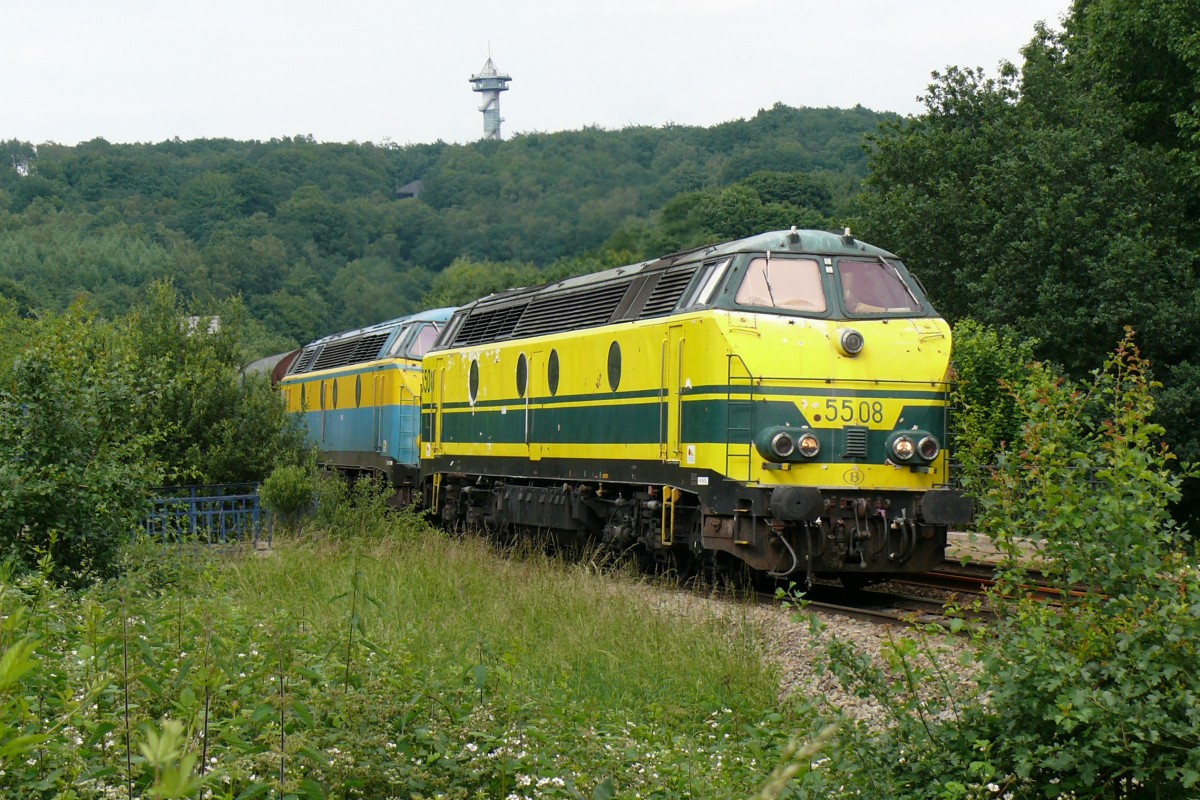 Als cscheinen sie sich einen Weg durch's Gestrüpp bahnen zu müssen ziehen 5508 und 5529 einen Güterzug von Aachen-West kommend in Richtung Montzen. Aufgenommen am 14/06/2008 bei Gemmenich/Botzelaer. Im Hintergrund der Aussichtsturm vom Dreiländereck B-NL-D.