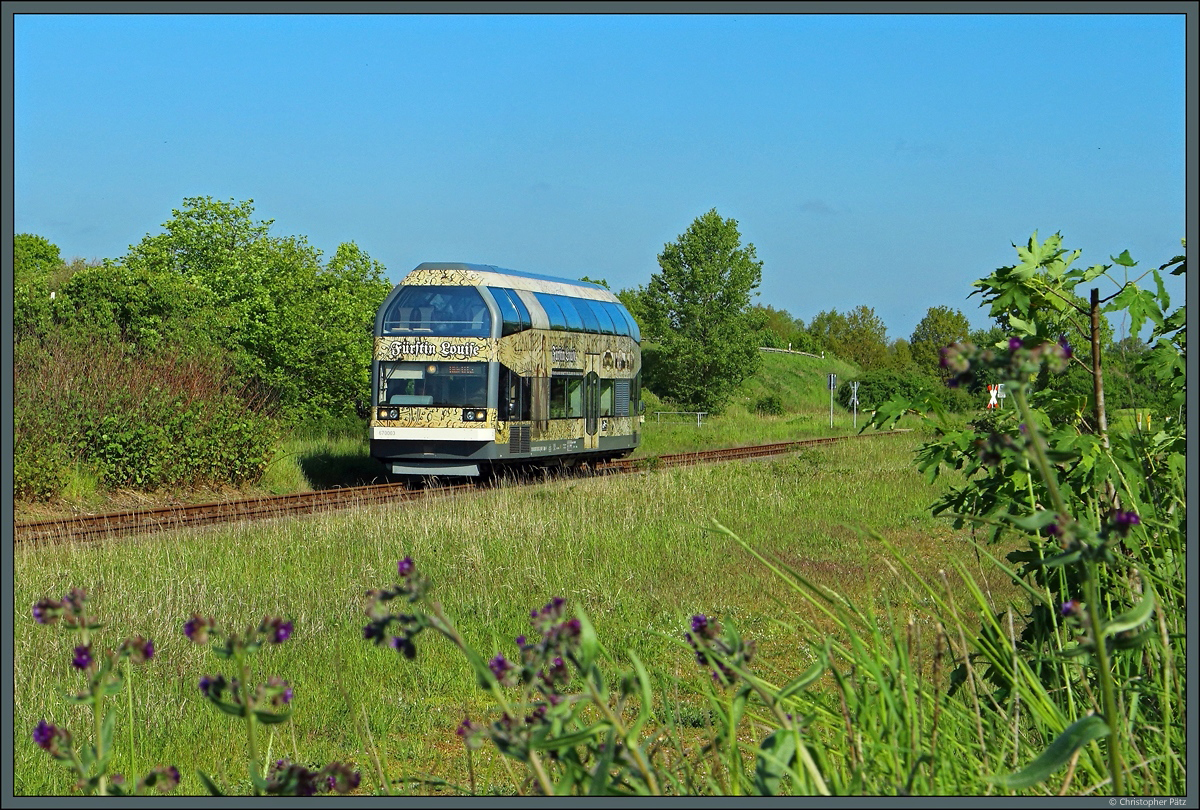 Als erster Zug des Tages nach Wörlitz ist 670 003  Fürstin Louise  bei Dessau-Mildensee unterwegs. (18.05.2019)