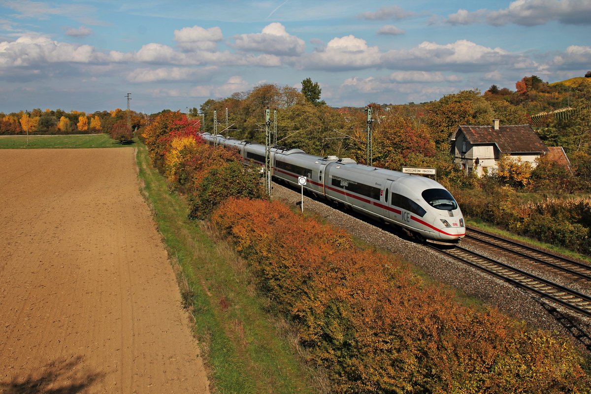 Als ICE 105 (Amsterdam CS - Basel SBB) fuhr am 25.10.2015 der 406 011-7 (4611)  Düsseldorf  zusammenmit einer weiteren 406er Einheit als ICE 505 (Köln Hbf - Basel SBB) südlich von Müllheim (baden) in Richtung Schweizer Grenze.