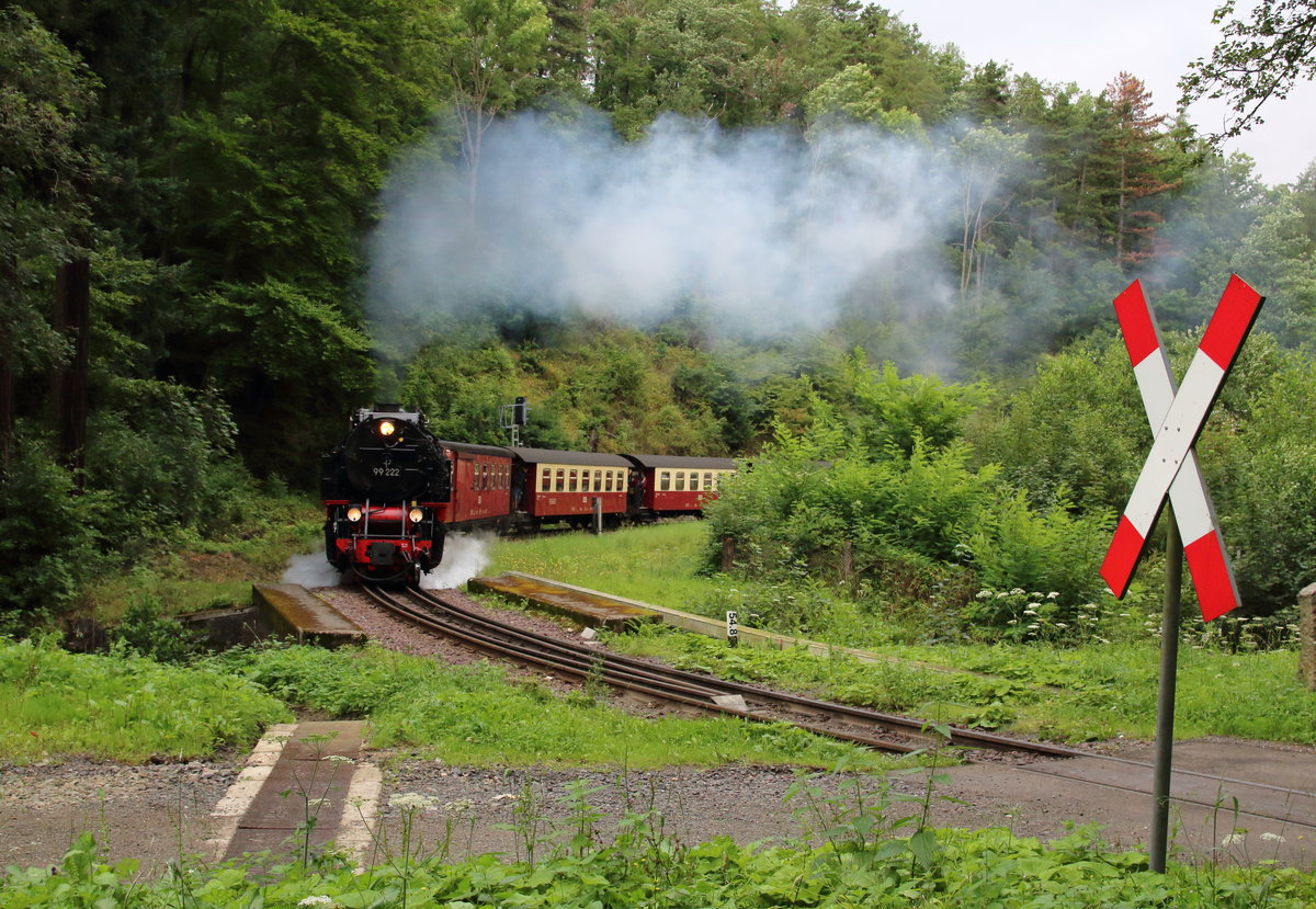 Als letzten Zug zum Brocken hat 99 222 P8939 am Haken und durchfährt den Bogen mit dem kleinsten Radius der HSB.

Steinerne Renne, 12. August 2017