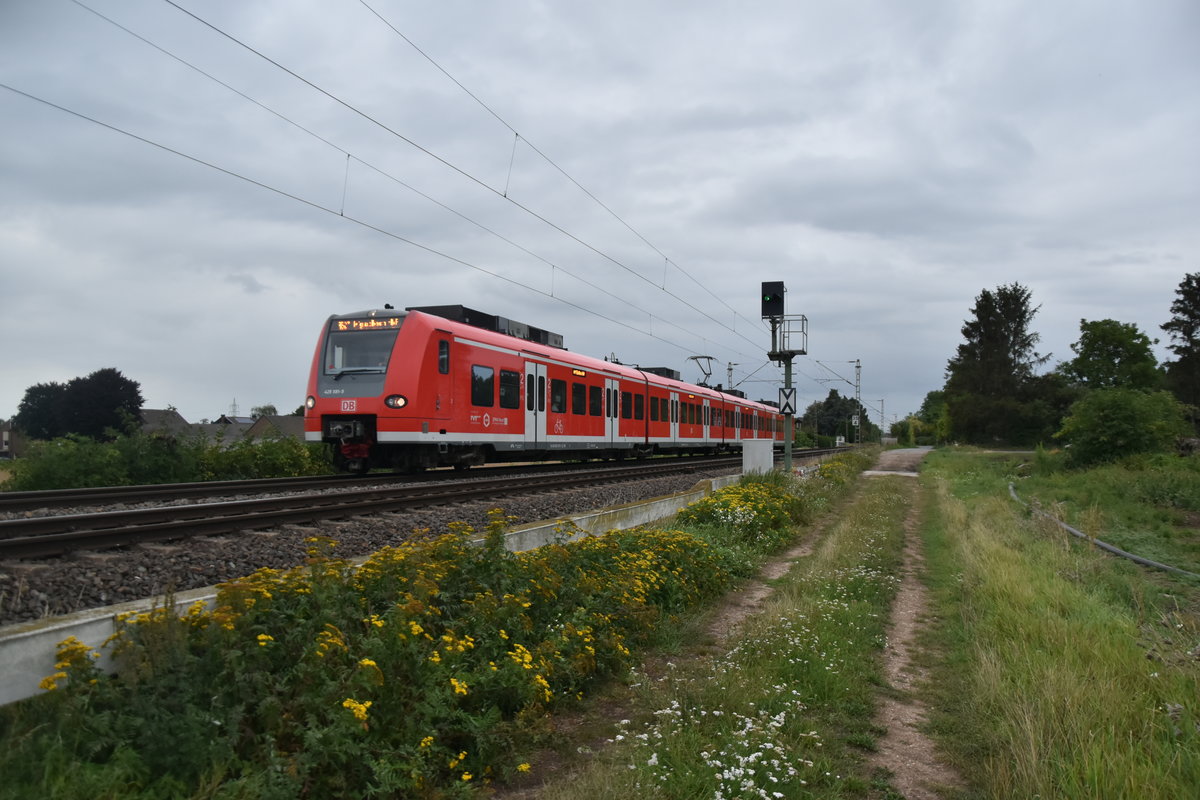 Als RB 27 nach Mönchengladbach ist der 425 591-5 bei Gubberath am Abend des 3.9.2019 gen Jüchen fahrend von mir abgelichtet worden. Eine halbe Stunde zuvor war Rheydt Hbf nach einer Fliegerbombenentschärfung wieder freigeben worden. 