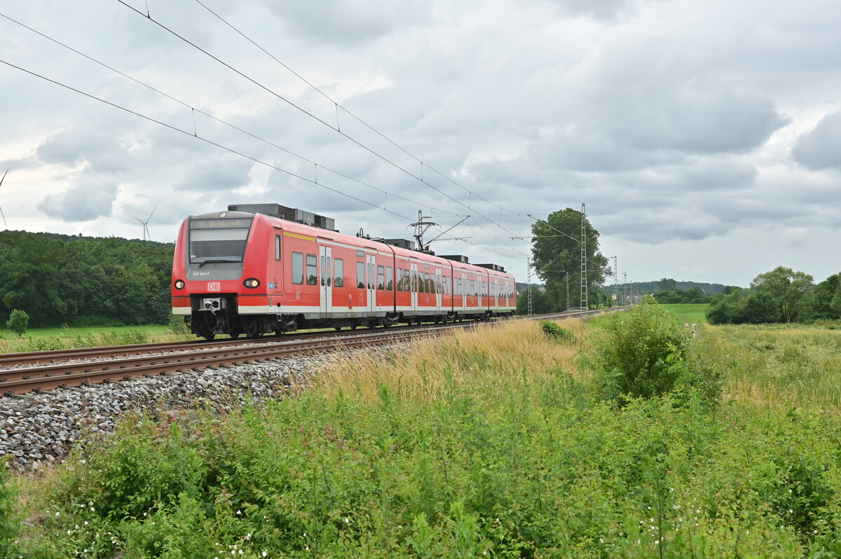 Als RB 85 nach Würzburg ist der aus Osterburken kommende 425 044 bei Hohenstadt am Dienstag den 6. Juli 2021 von mir abgelichtet worden.