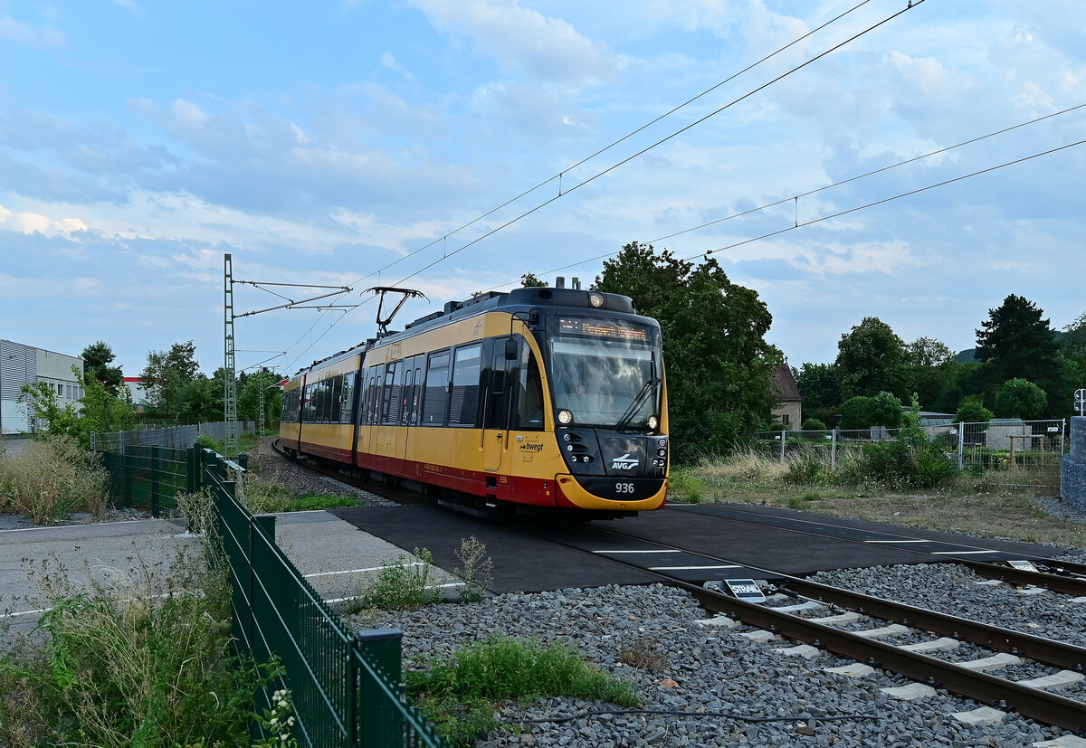Als S 41 kommt der AVG Triebzug 936 nach Mosbach Baden in Gundelsheim am Abend des 5.8.2022 eingefahren.