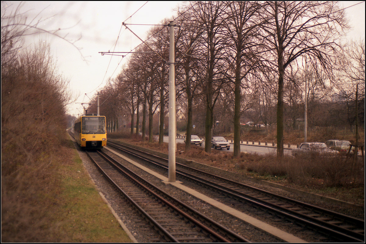 Als die Stuttgarter Stadtbahn noch jung war -

Das Meterspurgleis ist hier schon außer Betrieb - Für den stadtbahnmäßigen Ausbau der Linie 14 wurden die Gleise aus der Mühlhauser Straße in Stuttgart-Hofen herausgenommen und auf der Westseite dieser Straße ein eigener Bahnkörper angelegt. Da die neue Gleise zunächst noch von den GT4-Straßenbahnen befahren wurde, wurde wie so oft auch der Einbau der dritten Schiene notwendig.

Der Stadtbahnbetrieb auf der Linie 14 nach Mühlhausen begann am 12. Juli 1986. Ab der Haltestelle 'Rosensteinpark' wurde diese Strecke zur reinen Stadtbahnstrecke, was auch dann auch den Bau von Hochbahnsteigen an fast allen Haltestellen ermöglichte.

Das Bild zeigt die Bahnkörperstrecke an der Mühlhauser Straße nördlich der Haltestelle 'Max-Eyth-See' (heute 'Wagrainäcker'.) Heute sieht es hier leicht verändert aus. Der Bahnsteig endet nicht mehr da wo ich stehe, sondern ist 40 Meter länger für die Langzüge der U12, die hier jetzt neben der U14 fährt. Ein Teilstück des Schotterbahnkörpers wurde in ein Rasengleis umgebaut, die Betonmasten wurden durch schlanke Stahlmasten seitlich der Gleise ersetzt.

Scan vom Farbnegativ, Ende der 1980iger Jahre aufgenommen.

