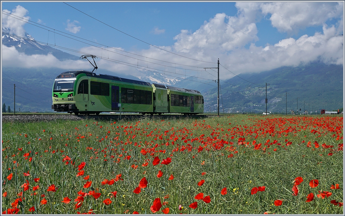 Als wir heute bei Villy nahe Bahnstrecke auf ein Mohnblumenfeld stießen, musste ich nur noch auf den Zug warten...
Der TPC Beh 2/6 543 als Regionalzug 134 auf dem Weg nach Monthey Ville.
24. Mai 2018