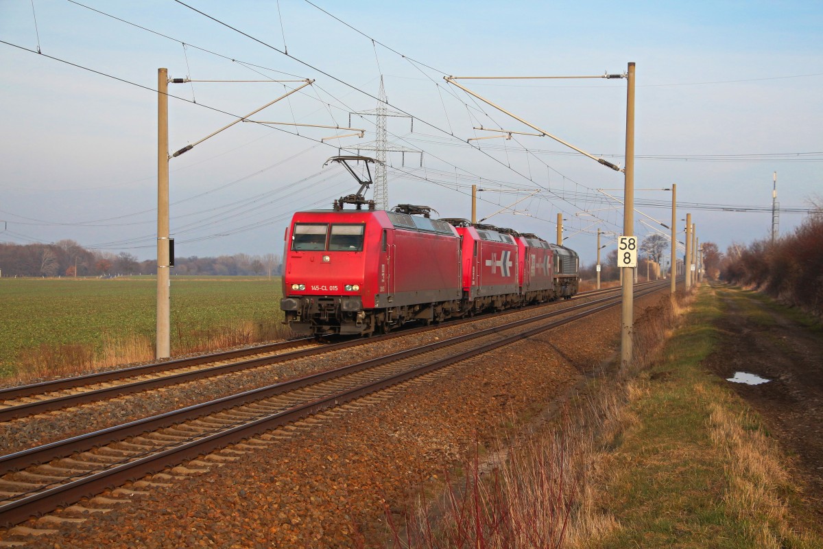 Am 01.03.14 ist dieses HGK Quartett bei Bornitz unterwegs. Es führt 145-CL 015, dann folgen zwei 185er und eine Class 66.