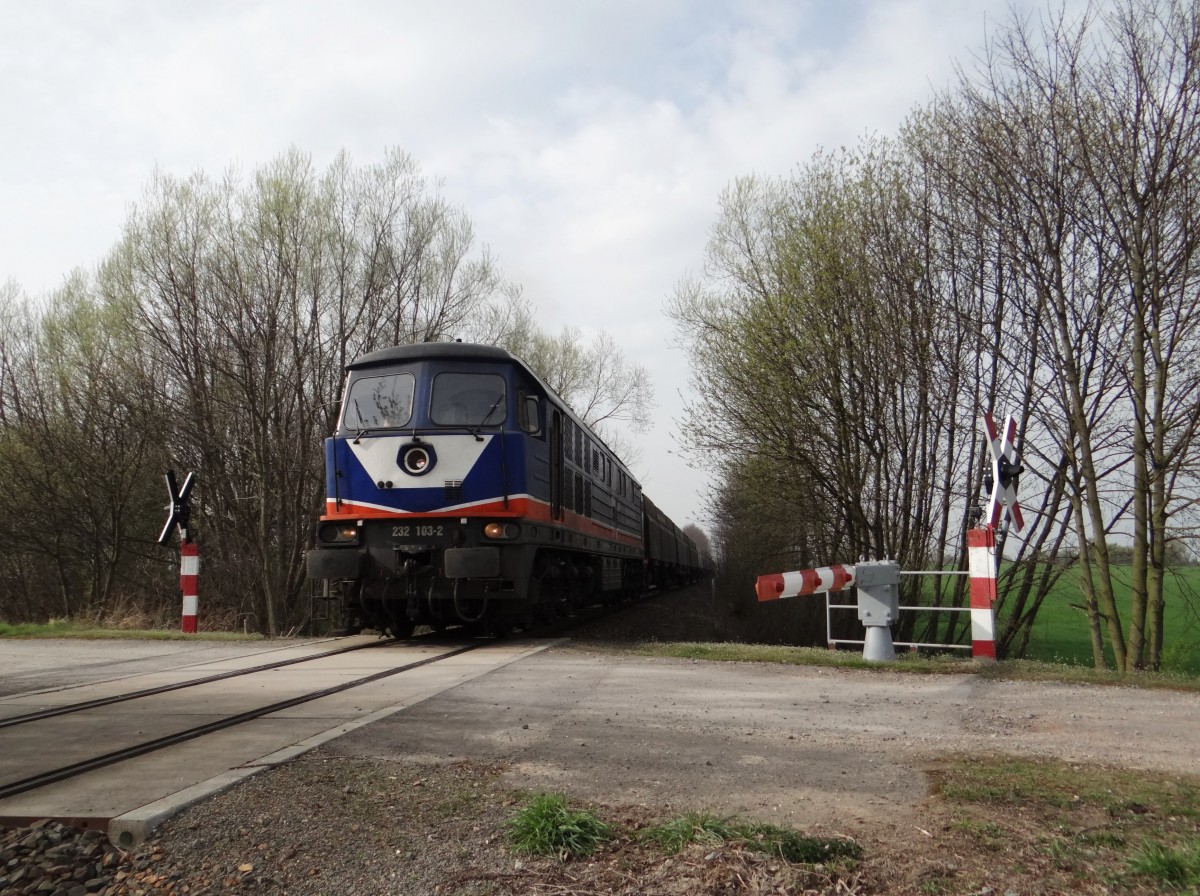 Am 01.04.14 fuhr die raildox 232 103 wieder auf der Wismut Werkbahn. Hier zusehen zwischen Großenstein und Beerwalde.