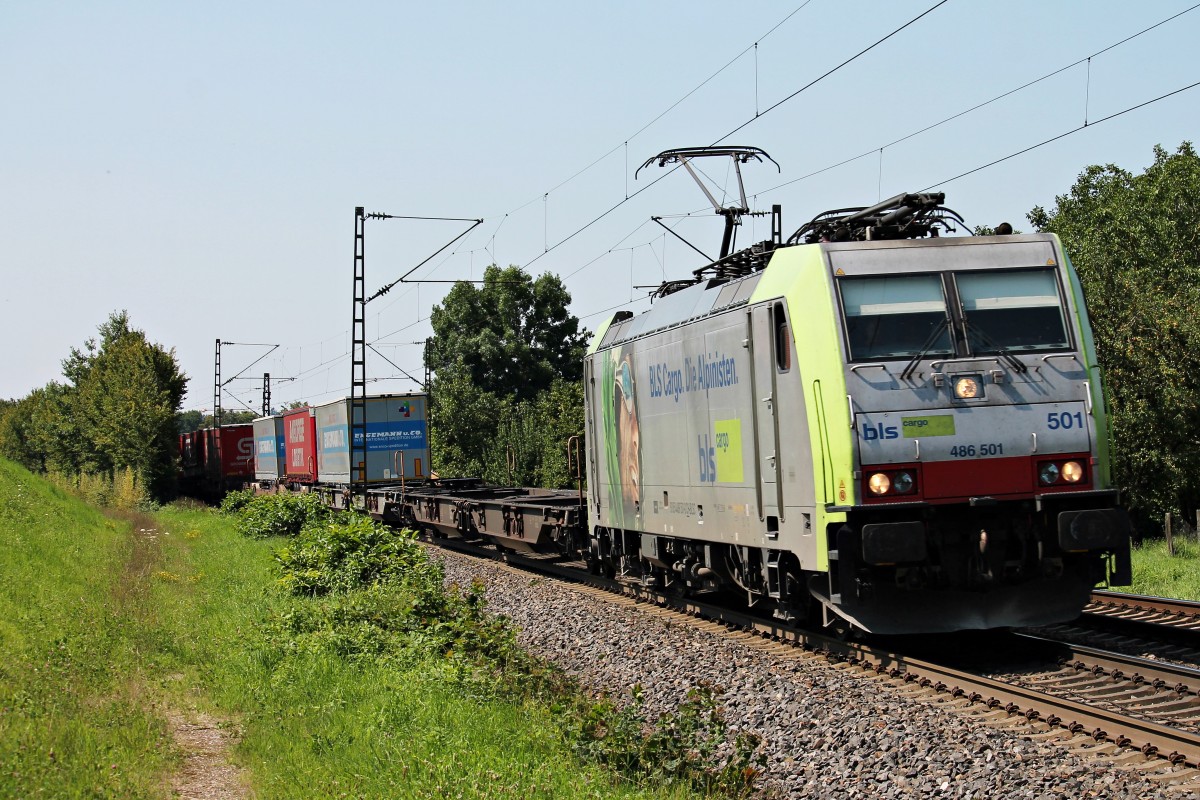 Am 01.08.2014 fuhr BLS Cargo Re 486 501  Beura Cardezza  mit einem KLV bei Kollmarsreute gen Freiburg.