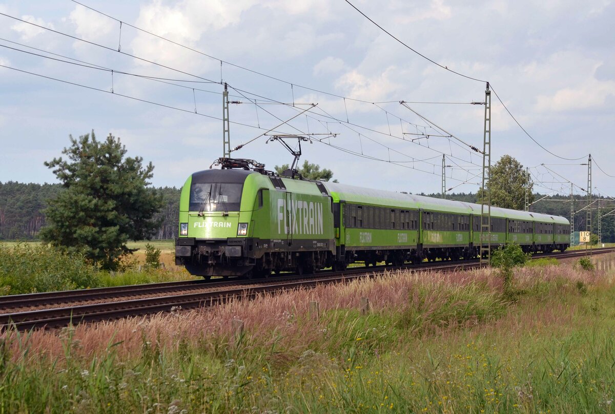 Am 01.08.21 führte 182 522 den aus sechs Wagen bestehenden FLX 32615 durch Radis Richtung Halle(S).