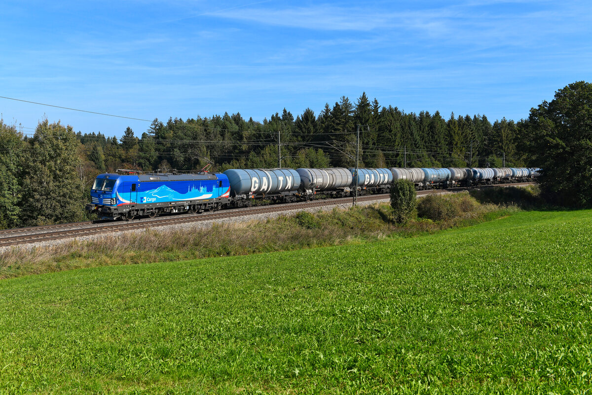 Am 02. Oktober 2023 verkehrte eine interessante Leistung über den  Korridor  zwischen Salzburg und Rosenheim. Die erst wenige Monate alte 393 001 von ČD Cargo beförderte den Kesselwagnezug DGS 46160 von Summerau nach Ingolstadt. Der Vectron mit einem  Last-Mile-Modul  wurde primär für den Einsatz in Österreich und Deutschland beschafft und kann aufgrund seiner Systemausrüstung in Tschechien nur im 25 kV (50 Hz) Wechselstromnetz fahren. Beheimatet ist sie im Depot České Budějovice. Bei Lauter konnte ich die gefällig gestaltete Lok zur Mittagszeit dokumentieren. 