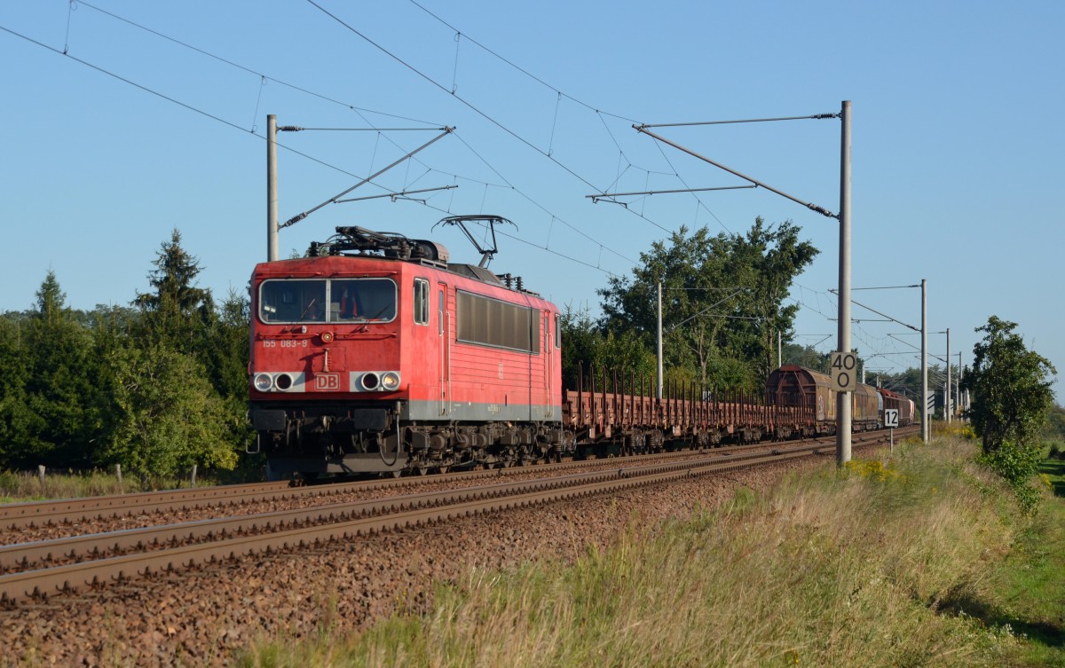 Am 02.09.15 beförderte 155 083 einen gemischten Güterzug durch Jeßnitz Richtung Bitterfeld.