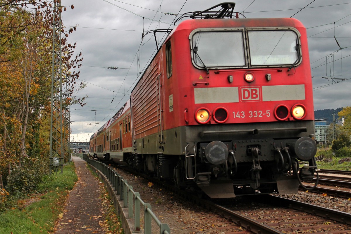 Am 02.11.2013 bespannte die Freiburger 143 332-5 die RB 26945 (Freiburg (Brsg) Hbf - Seebrugg). Hier fhrt die RegionalBahn am Freiburger BW in Richtung Hllental entlang. (Fotostandpunkt ffentlicht)