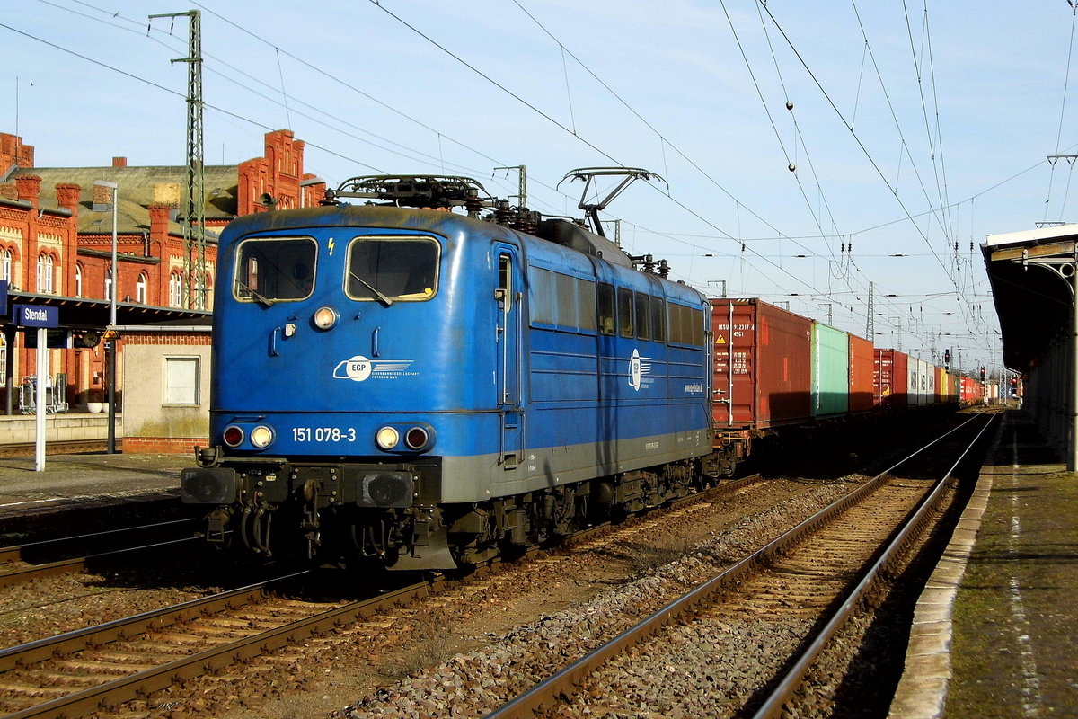 Am 03.03.2017 kam die 151 078-3 von der EGP aus Richtung Magdeburg nach Stendal und fuhr weiter in Richtung Salzwedel .