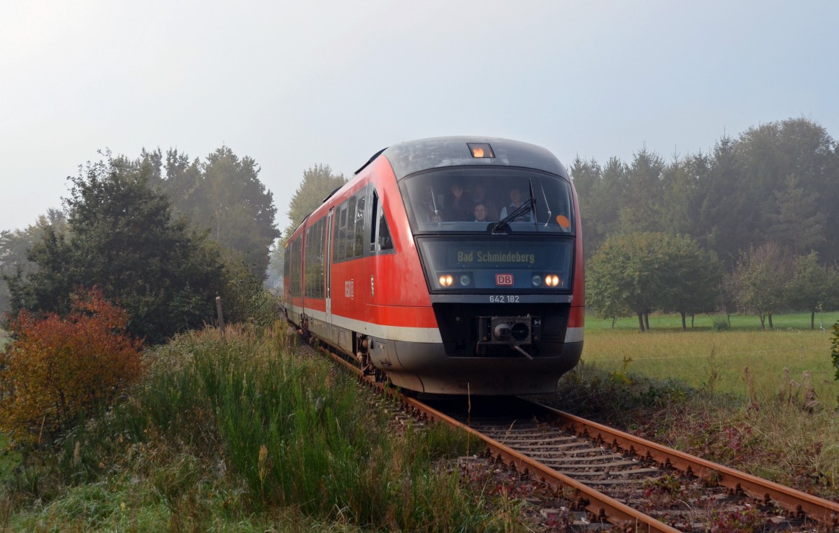 Am 03.10.14 fanden mit einem Desiro Sonderfahrten zum Radfahrtag auf der Heidebahn statt. Gegen Mittag erreicht 642 182 aus Leipzig kommend Bad Schmiedeberg. 