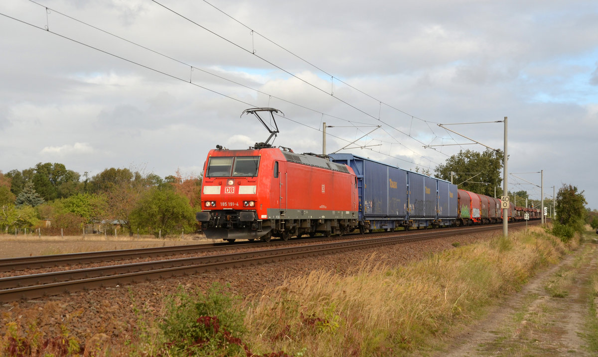 Am 03.10.18 führte 185 191 einen Autologistiker durch Jeßnitz Richtung Bitterfeld.