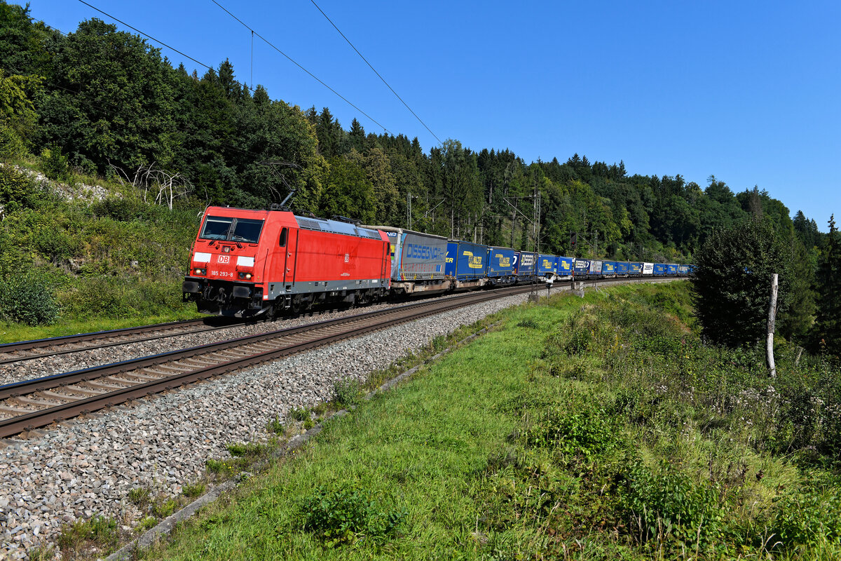 Am 04. September 2021 konnte ich bei Gundelsheim die 185 293 vor dem KLV-Zug KTE 50207 von Köln Eifeltor nach Verona Q.E. fotografieren. Die für Kombiverkehr fahrende Leistung brachte sie bis nach München Ost Rbf. Dort übernahm dann Lokomotion für die Fahrt über den Brenner. 